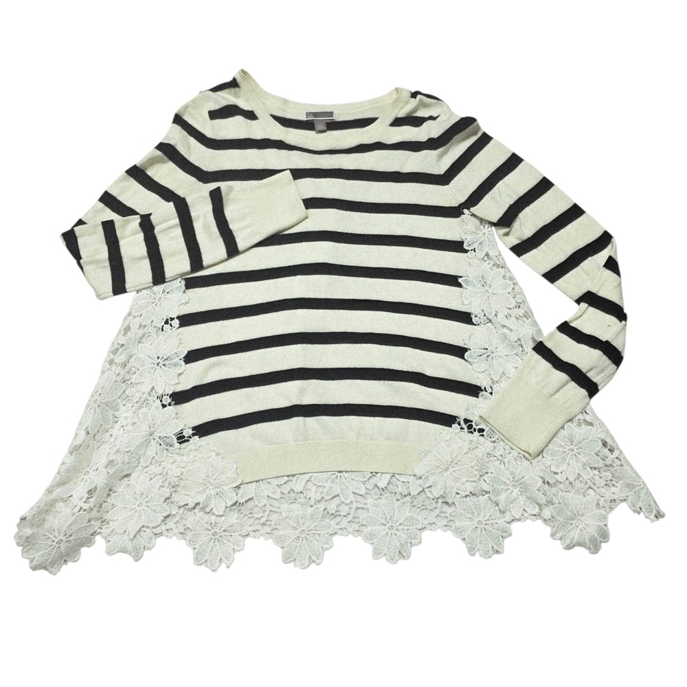Chelsea 28 Striped Lace Trimmed‎ Sweater Women Medium Black Cream Knit